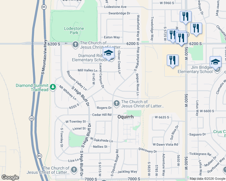 map of restaurants, bars, coffee shops, grocery stores, and more near 6480 South Wakefield Way in Salt Lake City