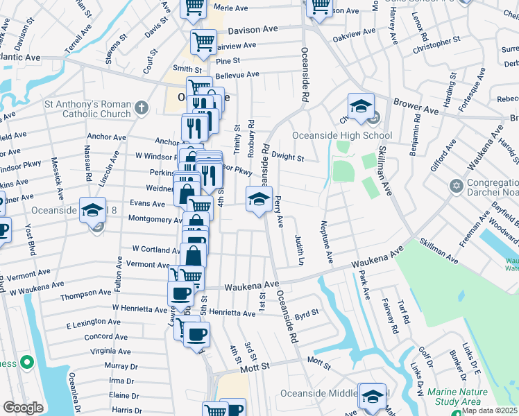 map of restaurants, bars, coffee shops, grocery stores, and more near 3192 Oceanside Road in Oceanside