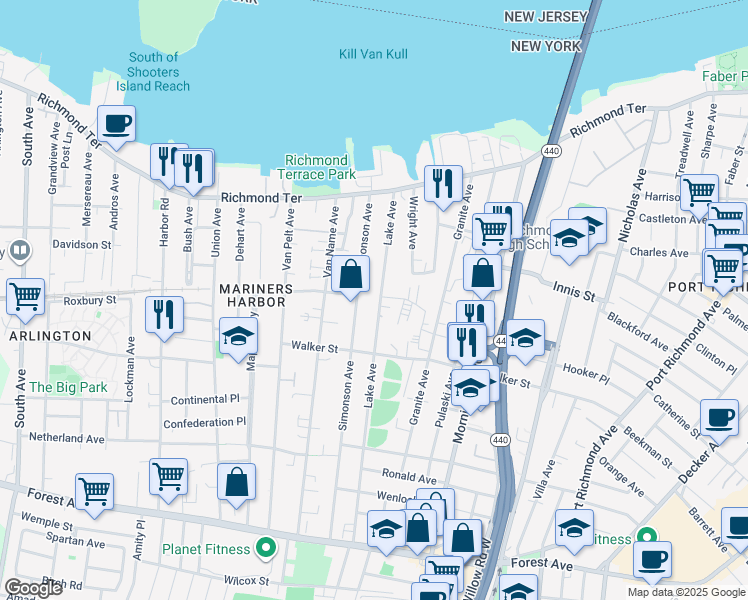 map of restaurants, bars, coffee shops, grocery stores, and more near 134 Lake Avenue in Staten Island