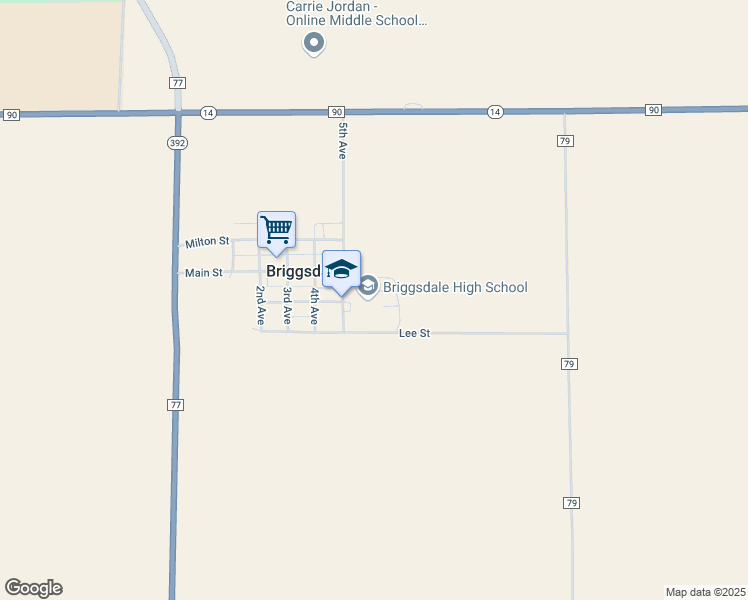 map of restaurants, bars, coffee shops, grocery stores, and more near 515 Leslie Street in Briggsdale