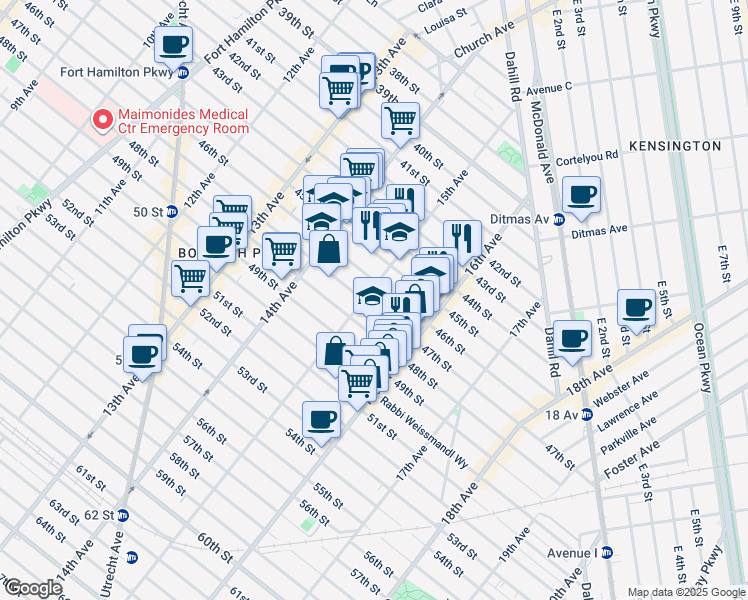 map of restaurants, bars, coffee shops, grocery stores, and more near 4617 15th Avenue in Brooklyn