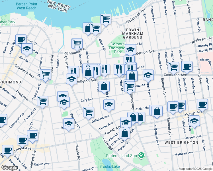 map of restaurants, bars, coffee shops, grocery stores, and more near 26 Elizabeth Street in Staten Island