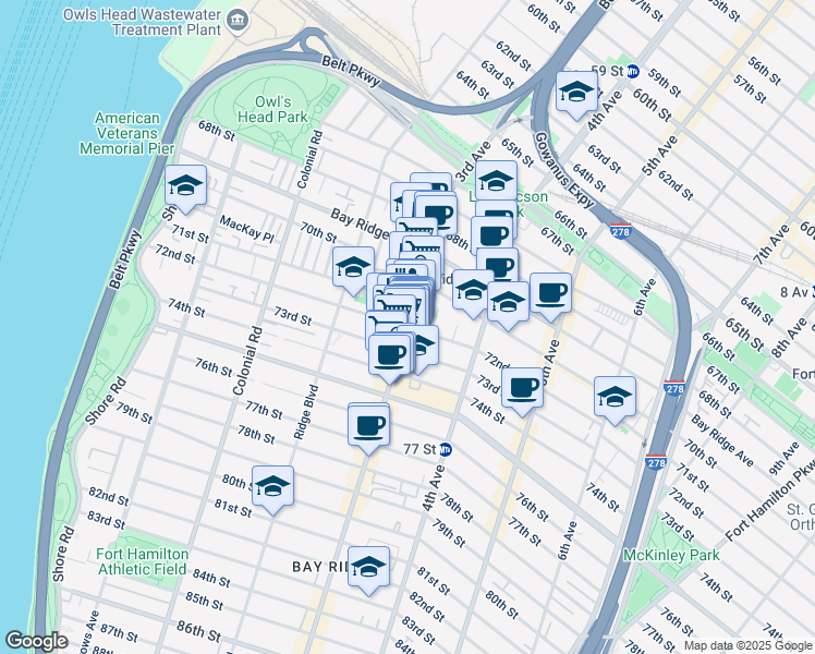 map of restaurants, bars, coffee shops, grocery stores, and more near 3rd Ave & 72nd St in Brooklyn