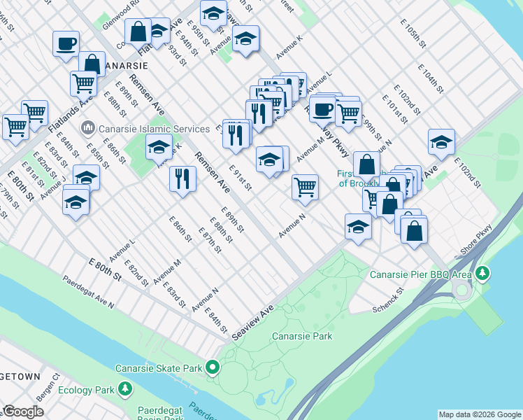 map of restaurants, bars, coffee shops, grocery stores, and more near 1528 East 91st Street in Brooklyn