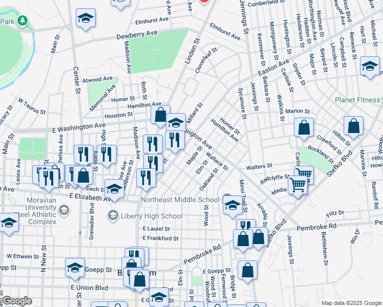 map of restaurants, bars, coffee shops, grocery stores, and more near 1543 Maple Street in Bethlehem