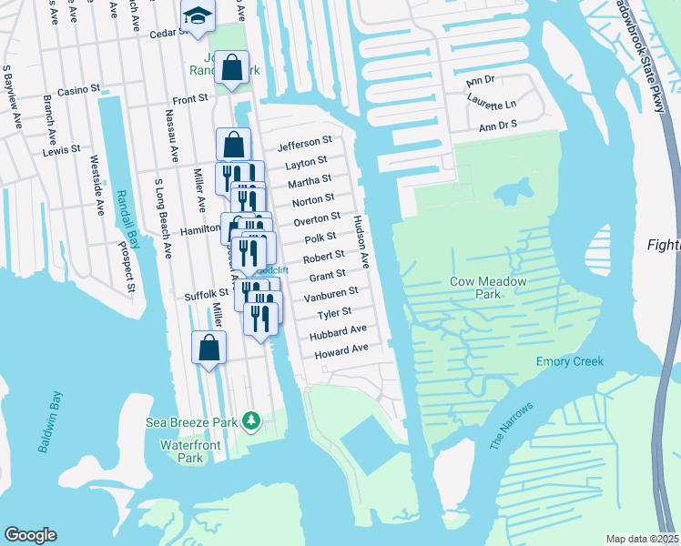 map of restaurants, bars, coffee shops, grocery stores, and more near 68 Grant St in Freeport