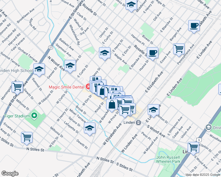 map of restaurants, bars, coffee shops, grocery stores, and more near 101 East Blancke Street in Linden