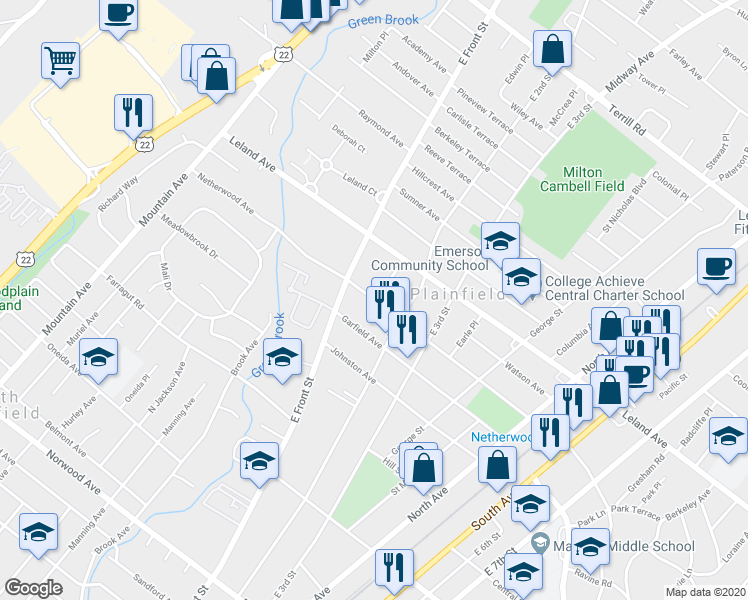 map of restaurants, bars, coffee shops, grocery stores, and more near Netherwood Avenue in Plainfield