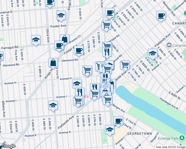 map of restaurants, bars, coffee shops, grocery stores, and more near 5705 Avenue H in Brooklyn