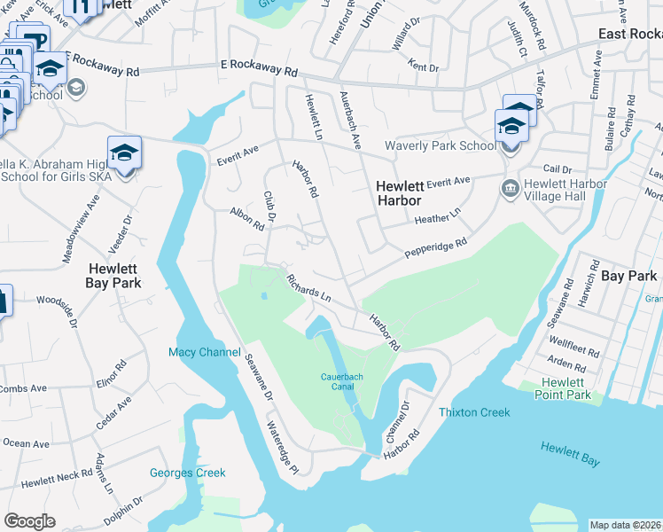 map of restaurants, bars, coffee shops, grocery stores, and more near 1308 Harbor Road in Hewlett