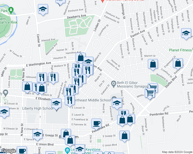 map of restaurants, bars, coffee shops, grocery stores, and more near 1543 Maple Street in Bethlehem