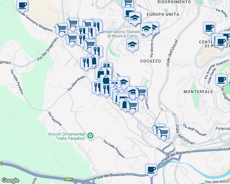 map of restaurants, bars, coffee shops, grocery stores, and more near Via del Gallitello in Potenza