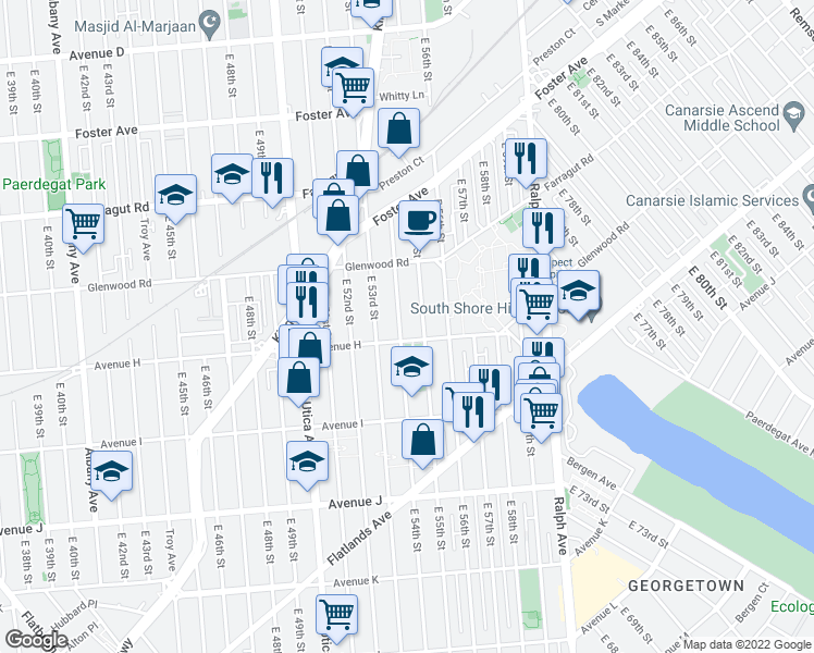 map of restaurants, bars, coffee shops, grocery stores, and more near 1009 East 54th Street in Brooklyn