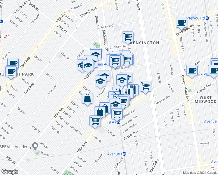 map of restaurants, bars, coffee shops, grocery stores, and more near 581 Dahill Road in Brooklyn