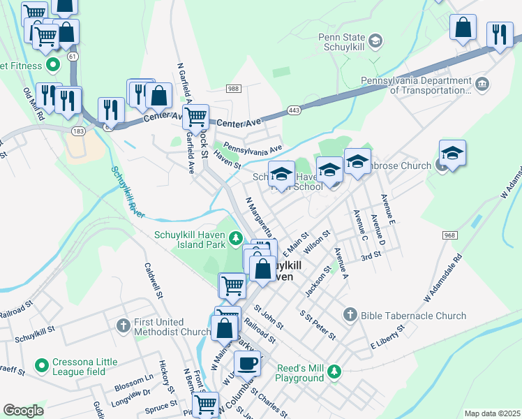 map of restaurants, bars, coffee shops, grocery stores, and more near 121 Haven Street in Schuylkill Haven