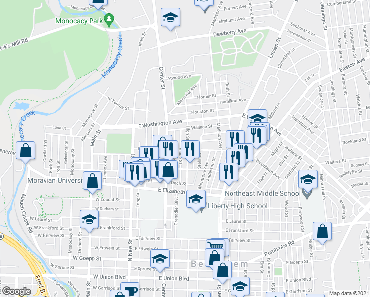 map of restaurants, bars, coffee shops, grocery stores, and more near 1501 High Street in Bethlehem