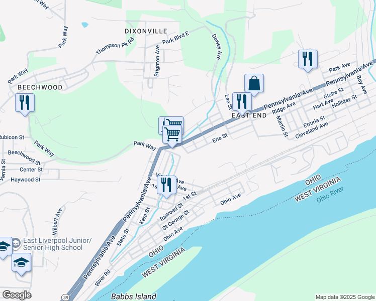 map of restaurants, bars, coffee shops, grocery stores, and more near 1155 Erie Street in East Liverpool