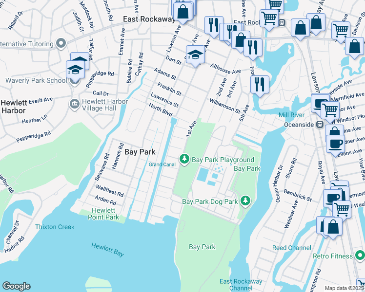 map of restaurants, bars, coffee shops, grocery stores, and more near 9 Martin Street West in East Rockaway