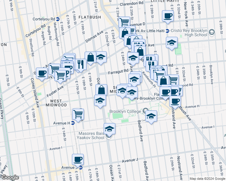 map of restaurants, bars, coffee shops, grocery stores, and more near 768 East 22nd Street in Brooklyn