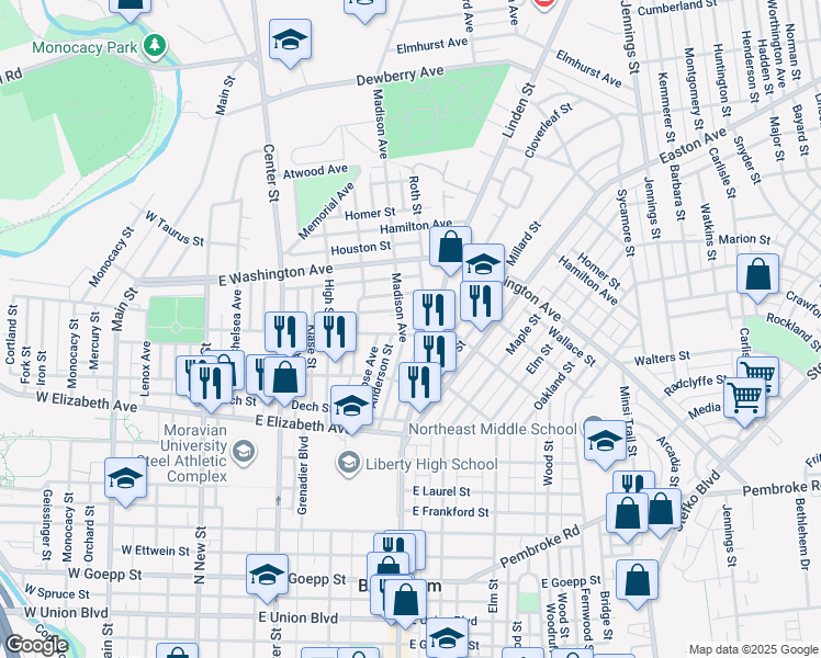 map of restaurants, bars, coffee shops, grocery stores, and more near 1504 Madison Avenue in Bethlehem