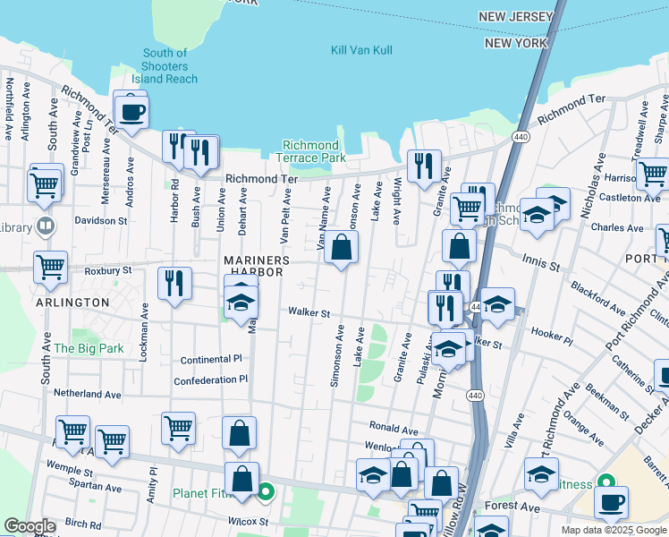 map of restaurants, bars, coffee shops, grocery stores, and more near 14 Heusden Street in Staten Island