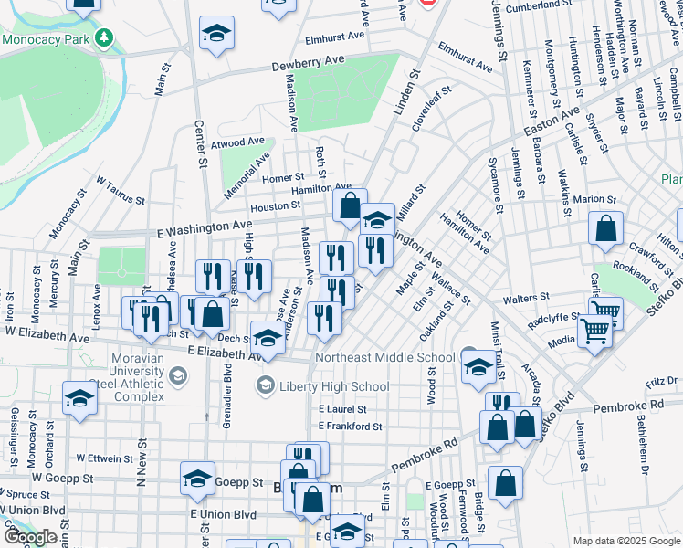 map of restaurants, bars, coffee shops, grocery stores, and more near 1444 Woodlawn Avenue in Bethlehem
