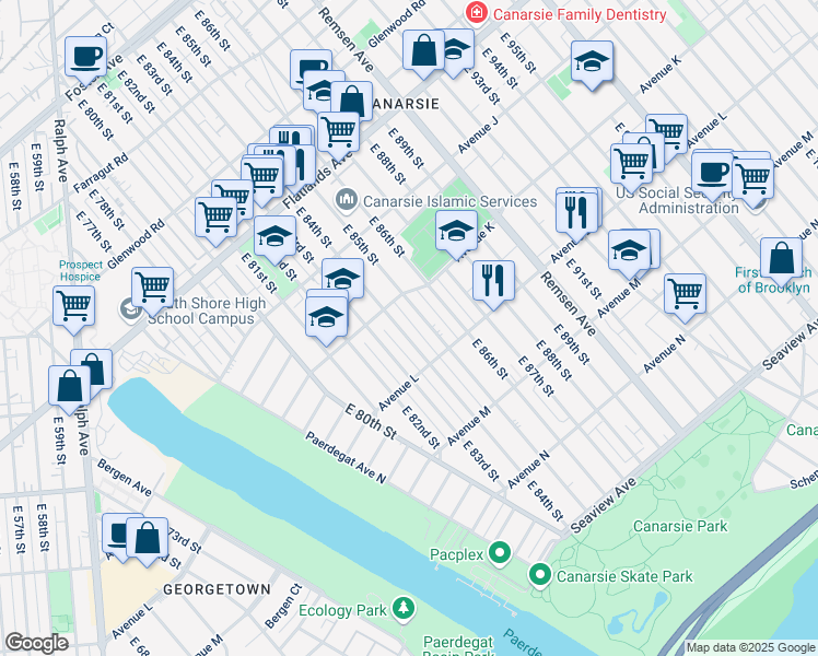 map of restaurants, bars, coffee shops, grocery stores, and more near 1156 East 85th Street in Brooklyn