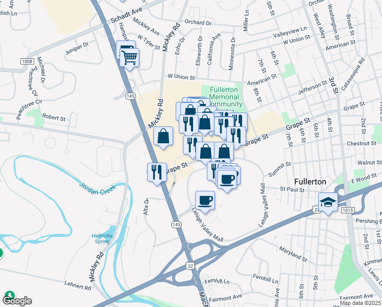 map of restaurants, bars, coffee shops, grocery stores, and more near Whitehall Mall in Fullerton