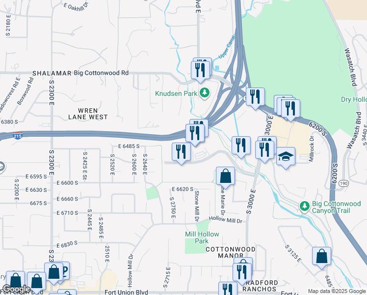 map of restaurants, bars, coffee shops, grocery stores, and more near 2795 Cottonwood Parkway in Cottonwood Heights