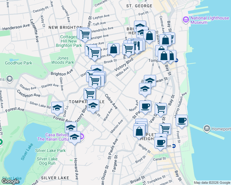 map of restaurants, bars, coffee shops, grocery stores, and more near 19 Creston Place in Staten Island