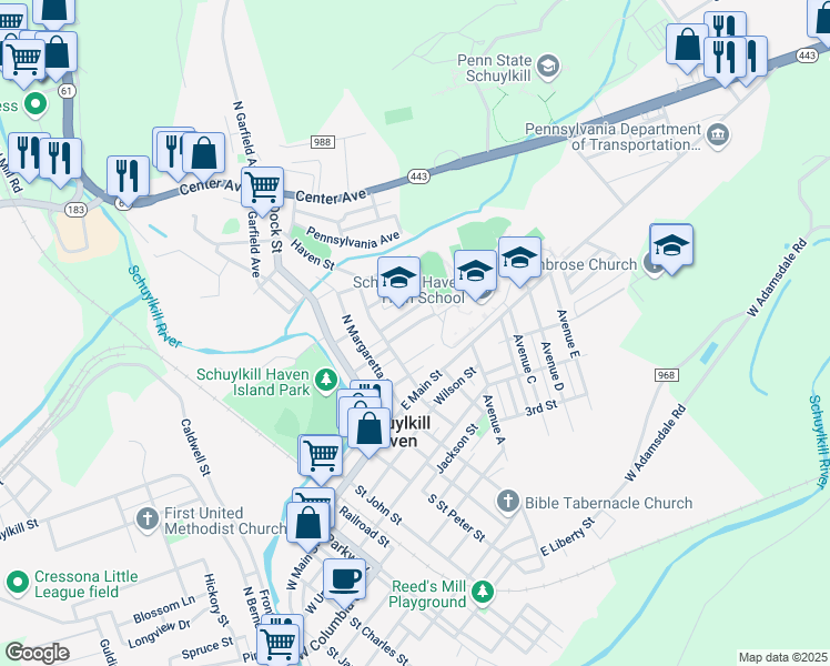map of restaurants, bars, coffee shops, grocery stores, and more near 226 Paxson Avenue in Schuylkill Haven