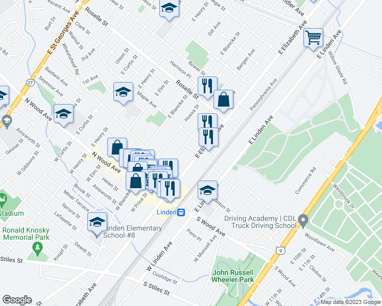 map of restaurants, bars, coffee shops, grocery stores, and more near 111 Todd Street in Linden