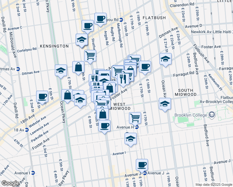 map of restaurants, bars, coffee shops, grocery stores, and more near 1309 Foster Avenue in Brooklyn