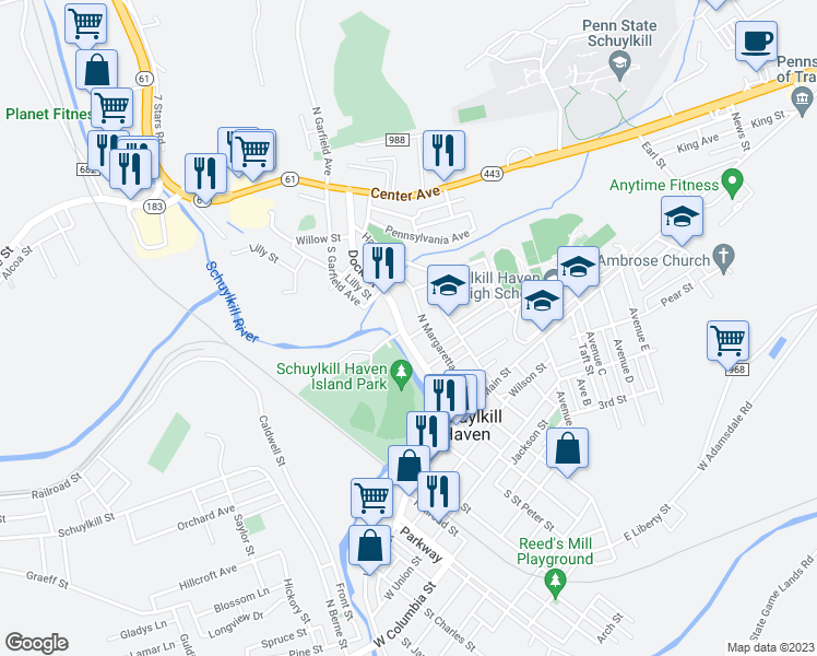 map of restaurants, bars, coffee shops, grocery stores, and more near 208 Dock Street in Schuylkill Haven