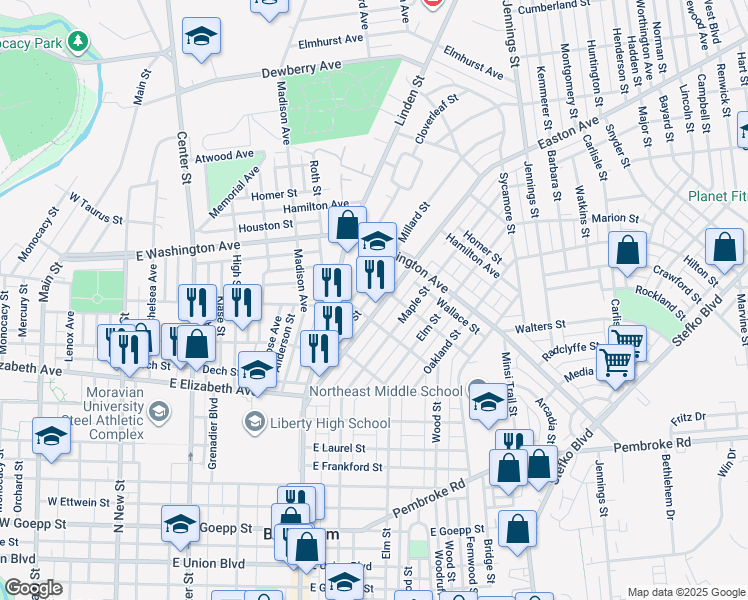 map of restaurants, bars, coffee shops, grocery stores, and more near 1519 Easton Avenue in Bethlehem