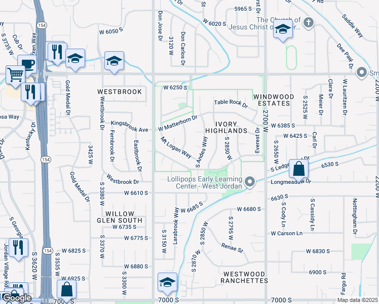 map of restaurants, bars, coffee shops, grocery stores, and more near 3034 Mount Logan Way in West Jordan
