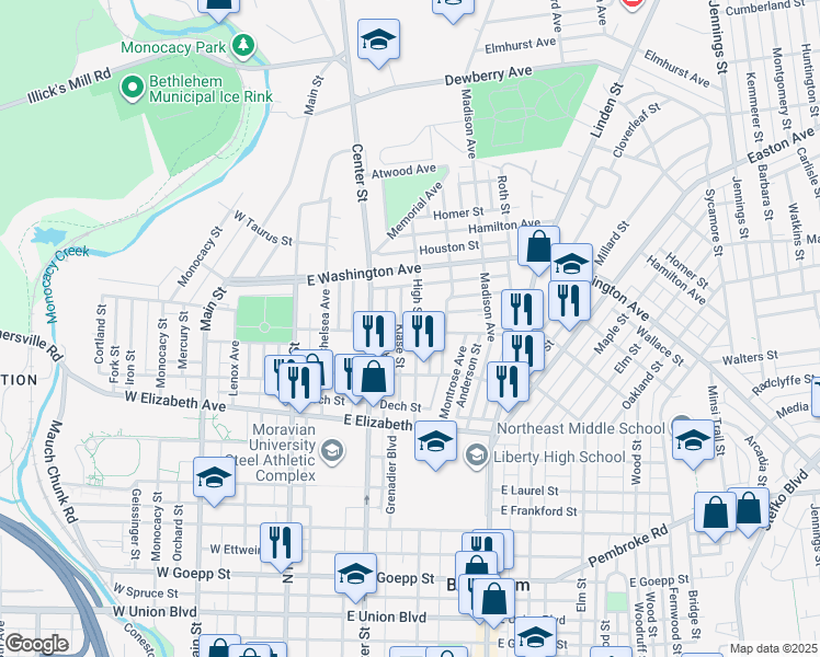 map of restaurants, bars, coffee shops, grocery stores, and more near 1501 High Street in Bethlehem