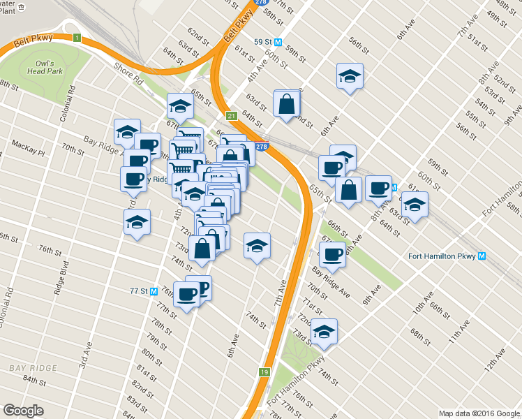 map of restaurants, bars, coffee shops, grocery stores, and more near 559 68th Street in Brooklyn