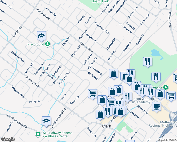 map of restaurants, bars, coffee shops, grocery stores, and more near 1717 Boulevard in Westfield