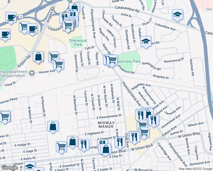 map of restaurants, bars, coffee shops, grocery stores, and more near 1353 North Van Buren Street in Allentown