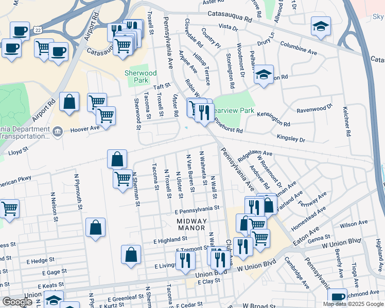 map of restaurants, bars, coffee shops, grocery stores, and more near 1353 N Van Buren St in Allentown