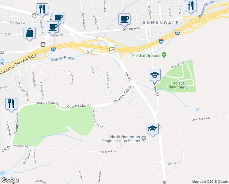 map of restaurants, bars, coffee shops, grocery stores, and more near 35 Troon Terrace in Hunterdon County