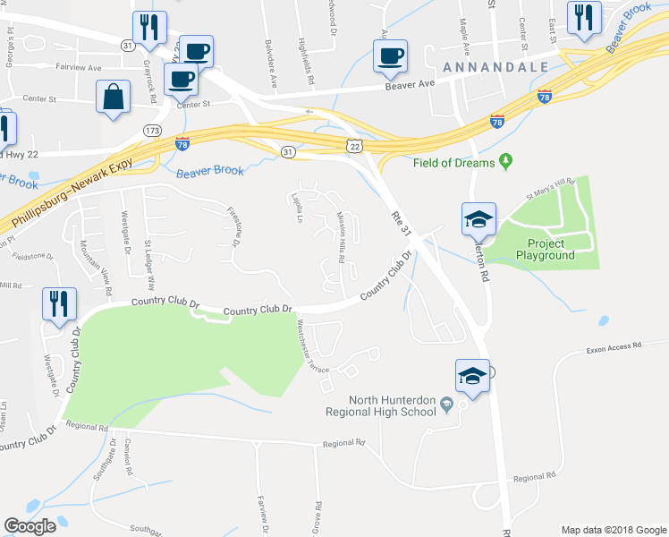map of restaurants, bars, coffee shops, grocery stores, and more near 41 Inverrary Place in Hunterdon County