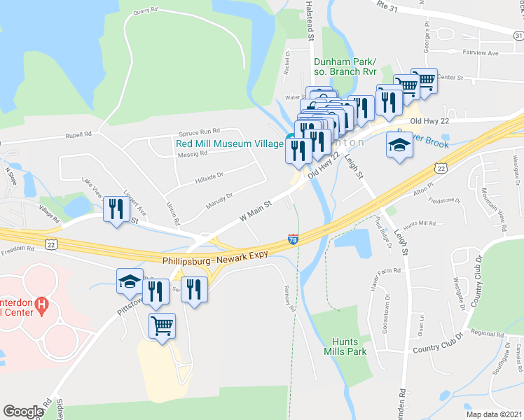 map of restaurants, bars, coffee shops, grocery stores, and more near 41 West Main Street in Clinton