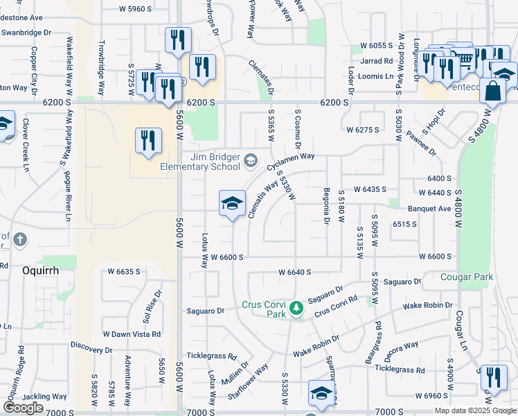 map of restaurants, bars, coffee shops, grocery stores, and more near 6469 Clematis Way in West Jordan