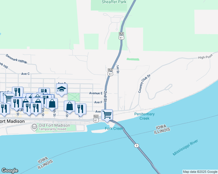 map of restaurants, bars, coffee shops, grocery stores, and more near 400 2nd Street in Fort Madison