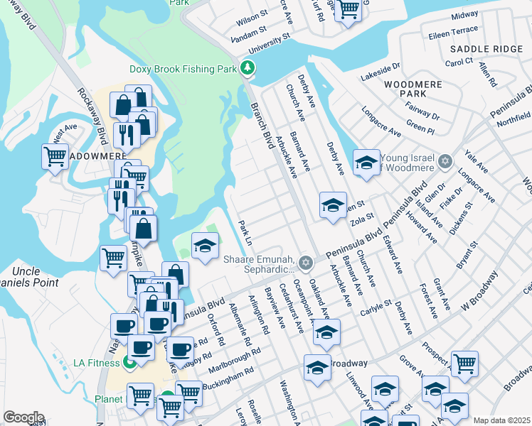map of restaurants, bars, coffee shops, grocery stores, and more near 520 Cedarwood Drive in Cedarhurst