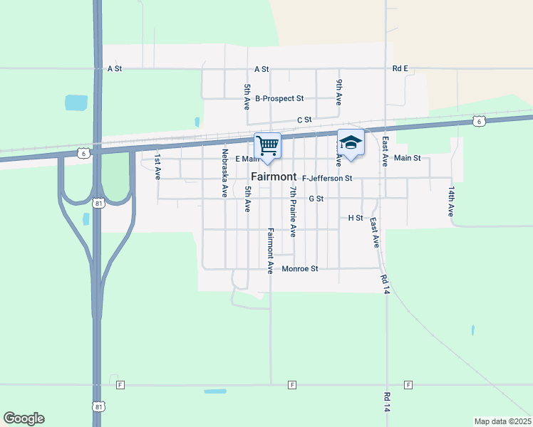 map of restaurants, bars, coffee shops, grocery stores, and more near 725 6th Avenue in Fairmont