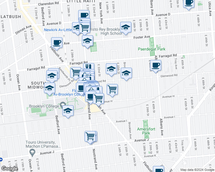 map of restaurants, bars, coffee shops, grocery stores, and more near 1603 New York Avenue in Brooklyn