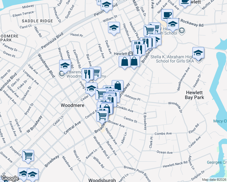 map of restaurants, bars, coffee shops, grocery stores, and more near 28 Hartwell Place in Woodmere